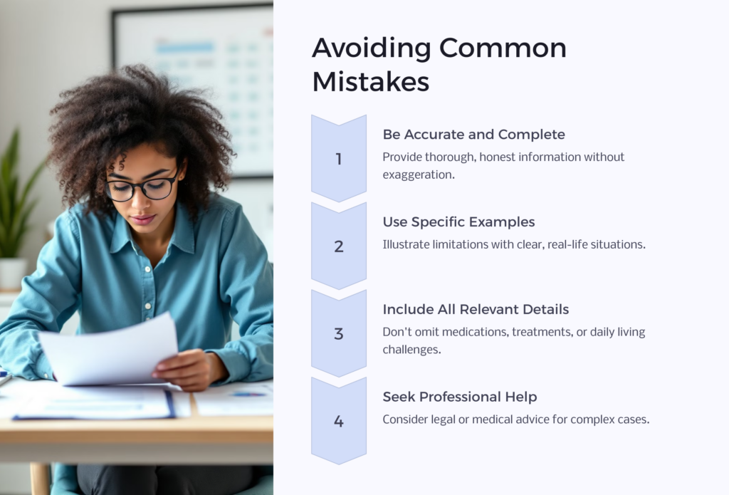 Disability Function Report Common Mistakes infographic