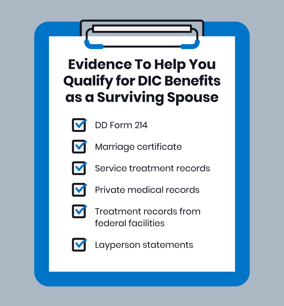 Checklist of various documents and records you could use as evidence to help you qualify for DIC benefits as a surviving spouse.