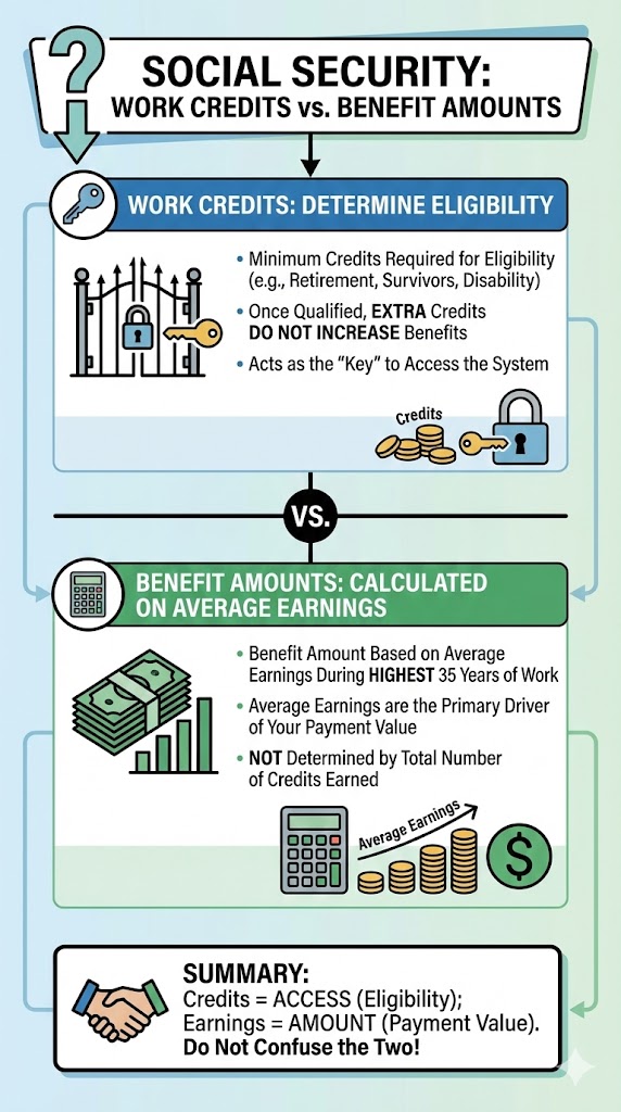 Social Security Work Credits vs Benefits infographic