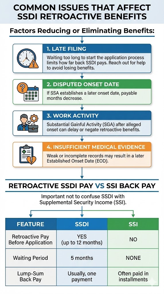SSDI Retroactive Benefits Common Issues infographic