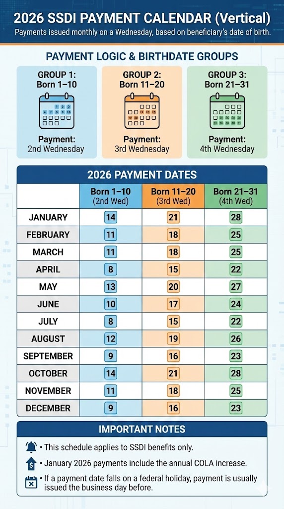 2026 SSDI Payment Calendar infographic