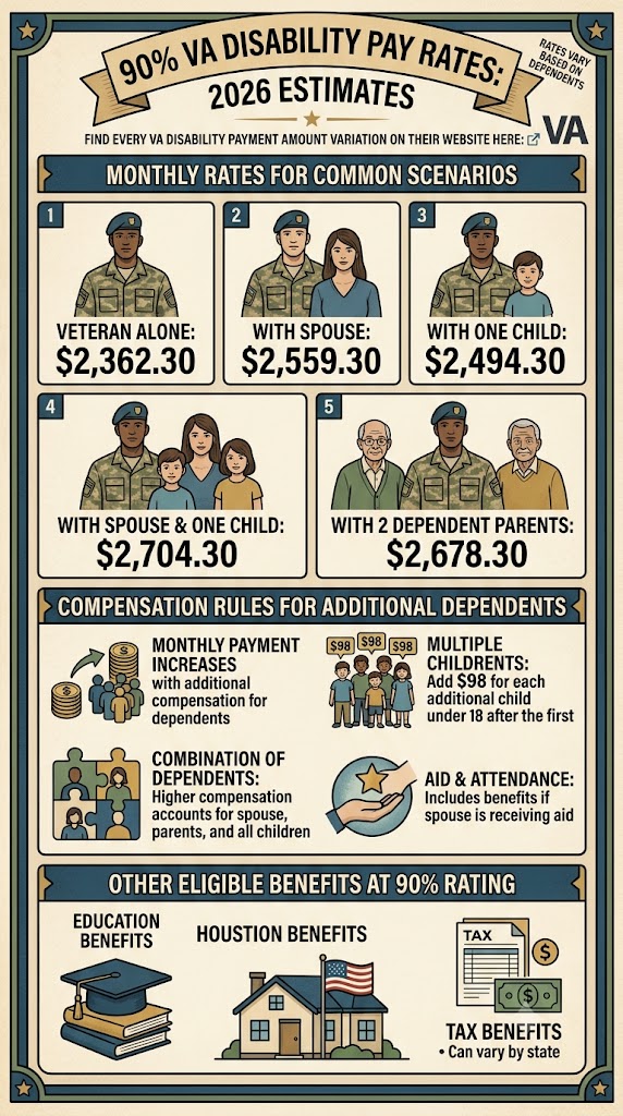 90% VA Disability Pay Rates infographic