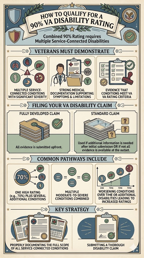 Qualify for 90% VA Disability Rating infographic