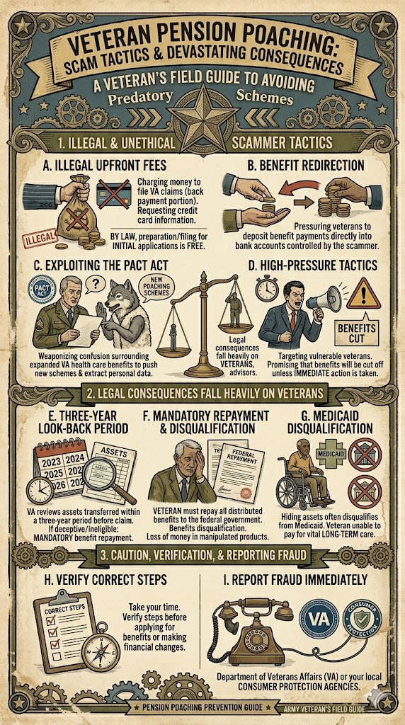Veteran Pension Poaching Scam Tactics infographic